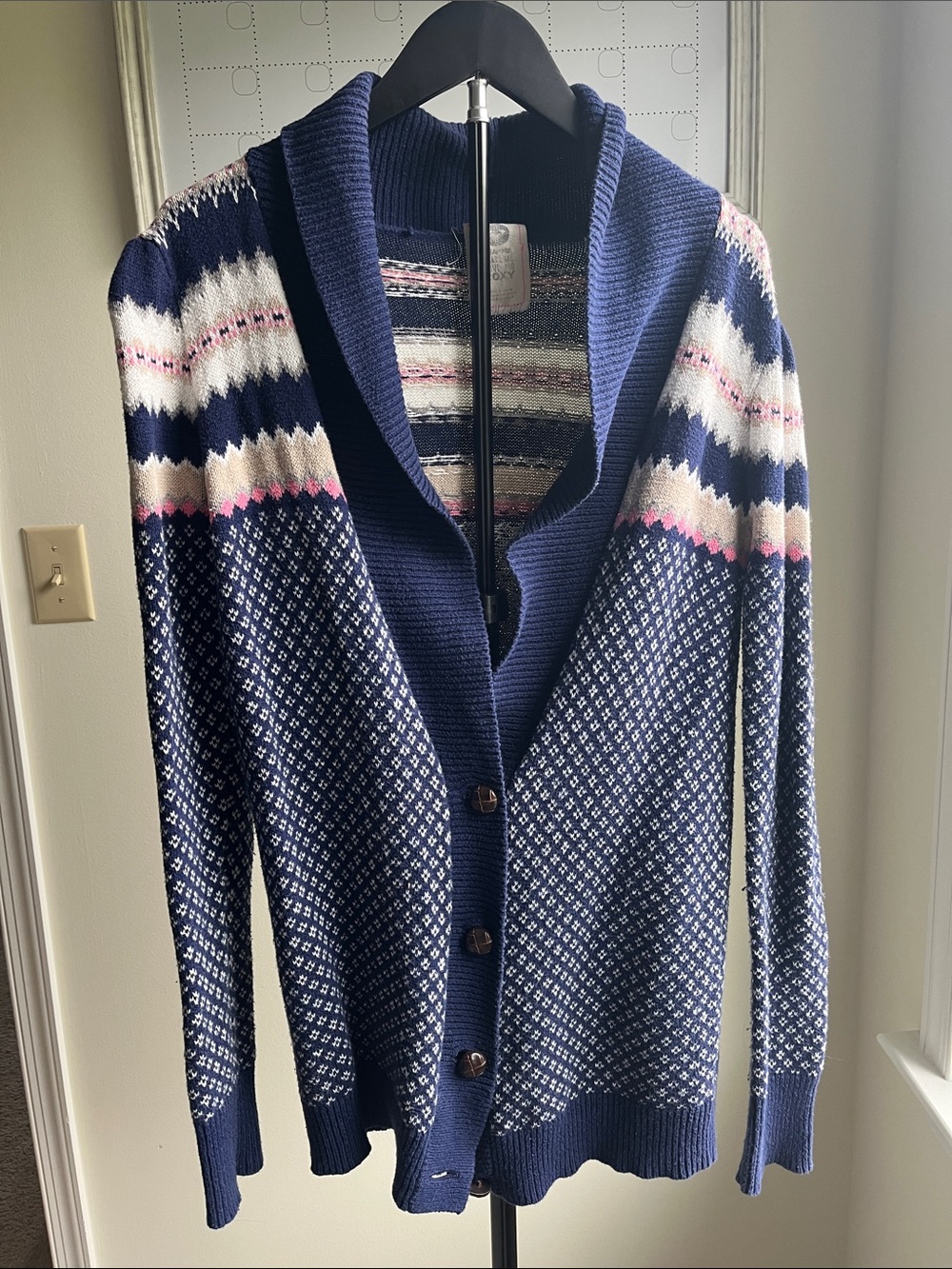Roxy Navy Shawl Collar Fair Isle Cardigan with Pink & Cream Accents